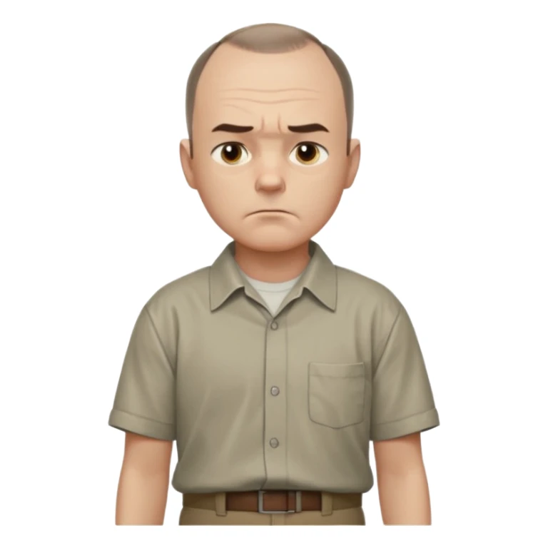 Carl from Sling Blade, serious expression, recognizable features, chin sticking out, slouching posture, no glasses, shirt with collar,  side view,show his entire body, he is standing. three-quarter face angle. He sticks his head forward. change face style sticker