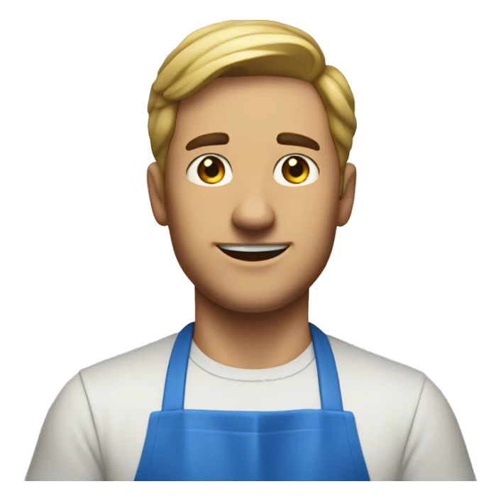 a guy in a blue apron stood behind him as a cook sticker