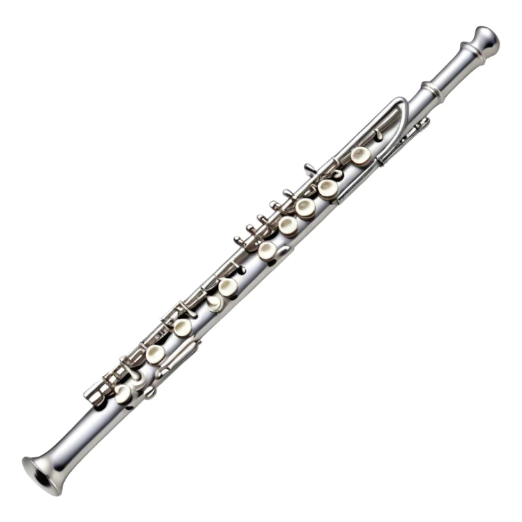 Create an elegant and refined emoji representing a classical silver flute. The design should showcase the sleek, polished silver body of the flute with its keywork and tone holes clearly visible. Highlight the smooth, straight shape of the instrument with subtle light reflections on its metal surface. The keys should be delicately detailed, with their small, round pads visible. Add a slight shine to the flute’s surface to reflect its high-quality craftsmanship. Optionally, include subtle musical notes floating around the flute to evoke its light, melodic sound. The background should be transparent. sticker