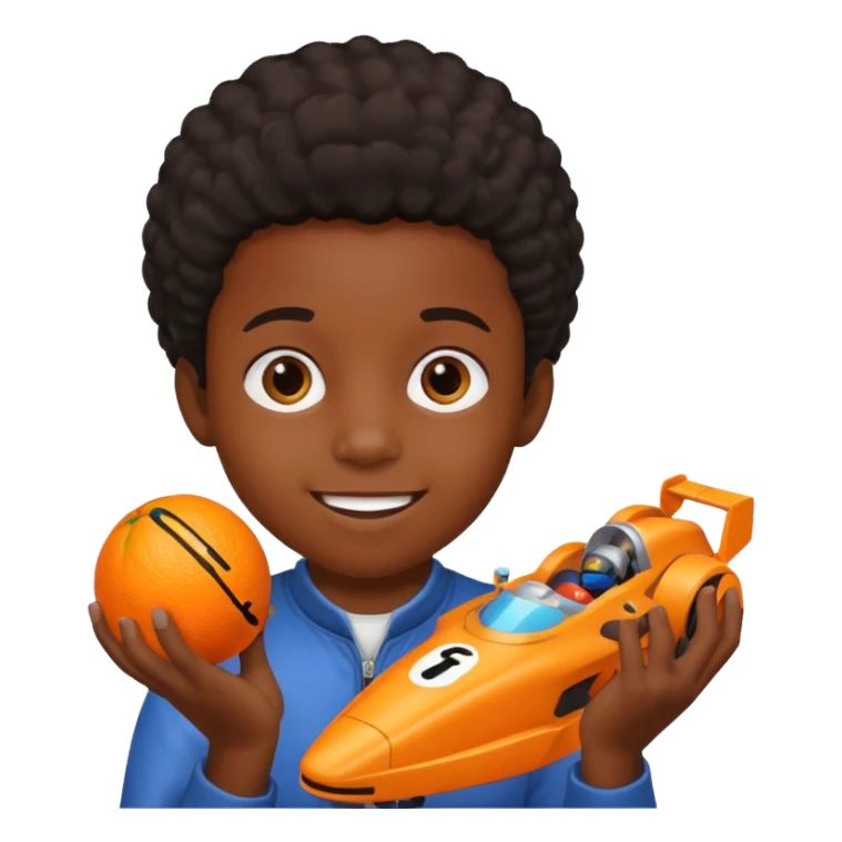 black kid playing orange formula 1 toy sticker