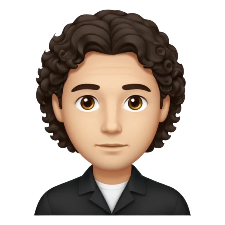 He’s a man with light to medium skin, a defined oval face, full brows, deep-set eyes, and voluminous wavy to curly dark brown hair styled with height. expression calm and focused relaxed black open-collar shirt.polished, articulate, and professional vibe. sticker
