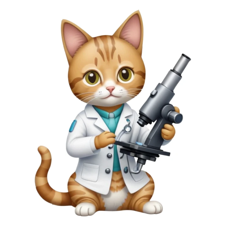 cat full body sitting with a microscope and scientist outfit sticker