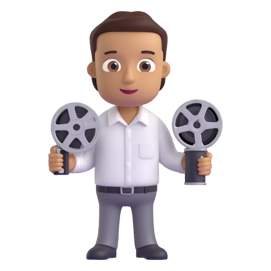 Make the character's skin tone lighter while keeping the same 3D cartoon style. Keep the film reel and white shirt unchanged. Preserve the transparent background. sticker