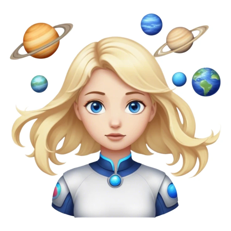 A blonde with blue eyes stands while the planets spin sticker