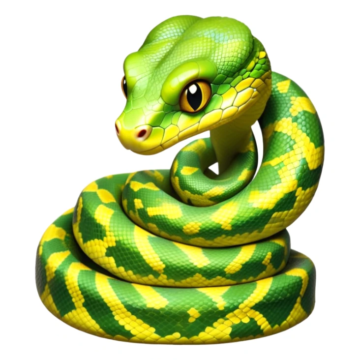 cinematic-green tree python-realistic-full-body-coiled-emoji,-thick-scaled-body-looped-tightly,-intricate-yellow and white-patterned-scales-reflecting-light,-head-tilted-dramatically,-cute-eyes-staring-calmly,-simplified-yet-realistic-focused-feature sticker