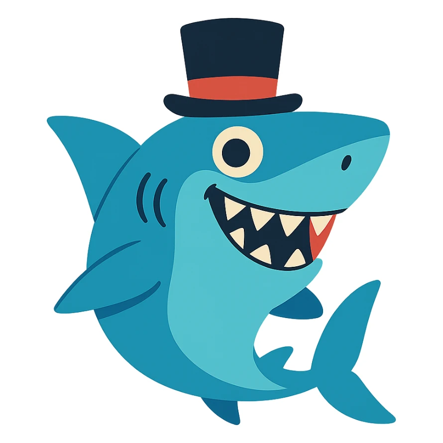 shark wearing a top hat, fun and whimsical style sticker