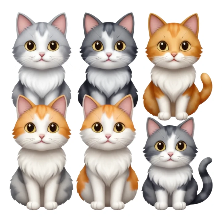6 realistic looking cats with different natural coloured coats, assorted grey and white, greys, calico colours etc
 sticker