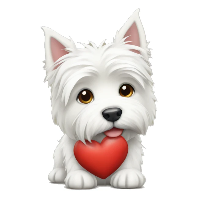 White highland terrier holding a heart sticker