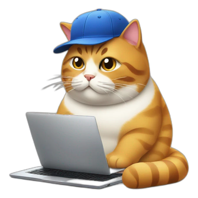 Fat cat wearing a baseball hat behind a laptop sticker