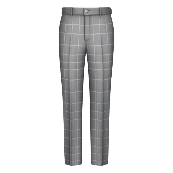 only the garment, gray dress pants with white grid pattern, plaid check pattern, formal trousers with cuffed hem, isolated item on white background, no model, no person sticker