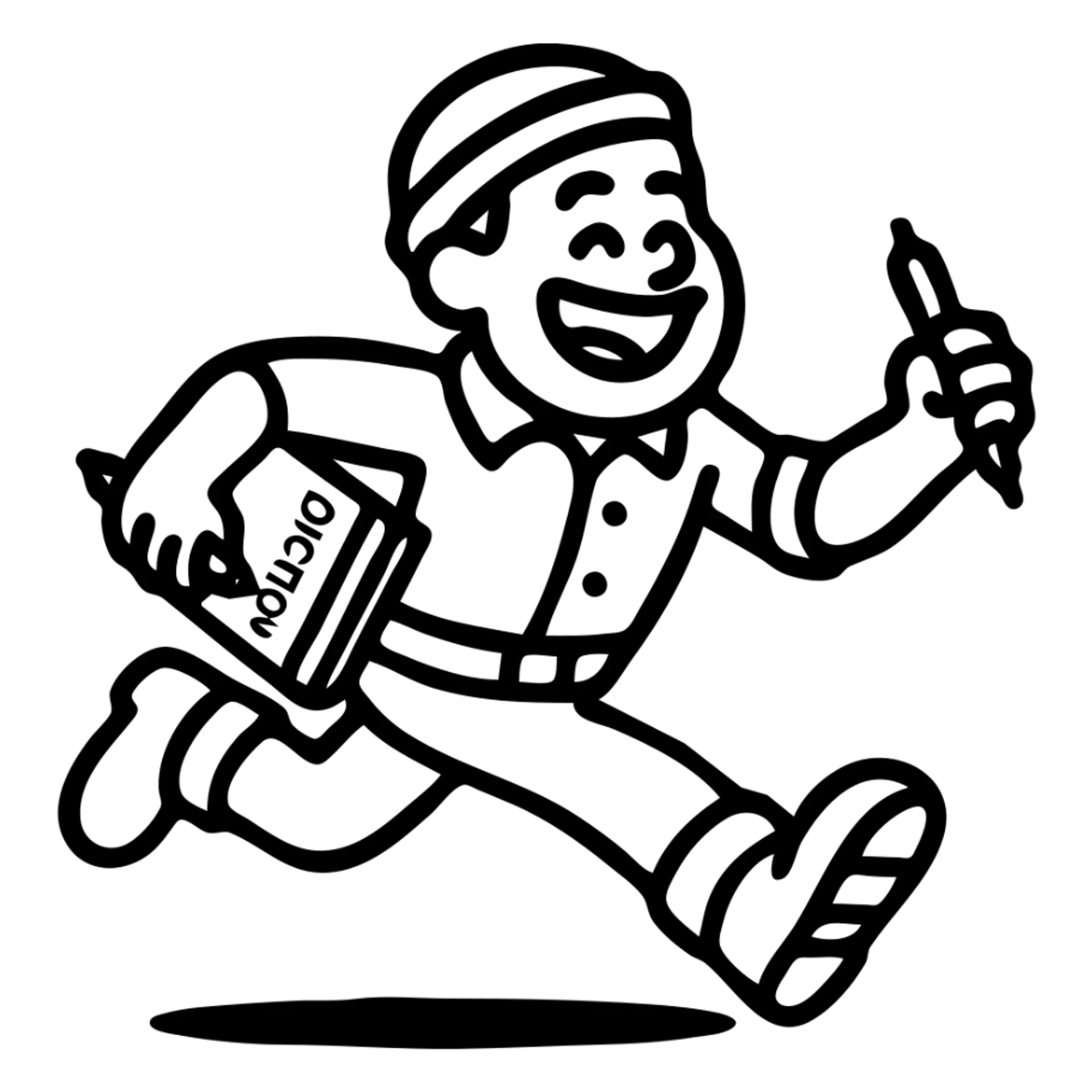 Depict the lumberjack without a beard, with a cheerful expression and dynamic pose. Include a dictionary and a red pen. No beard and no background. sticker