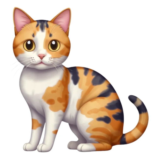 full body anxious looking colourful patchy calico tabby cat with tiny head to large body with fully white front legs sticker