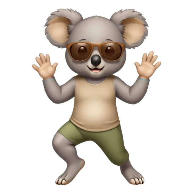 friendly anthropomorphised koala in casual clothing, wearing dark sunglasses, jogging upright in relaxed pose sticker