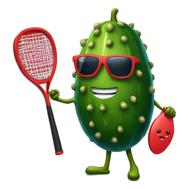 pickle holding a solid red paddle ball racket, blue backgound, wearing sunglasses sticker