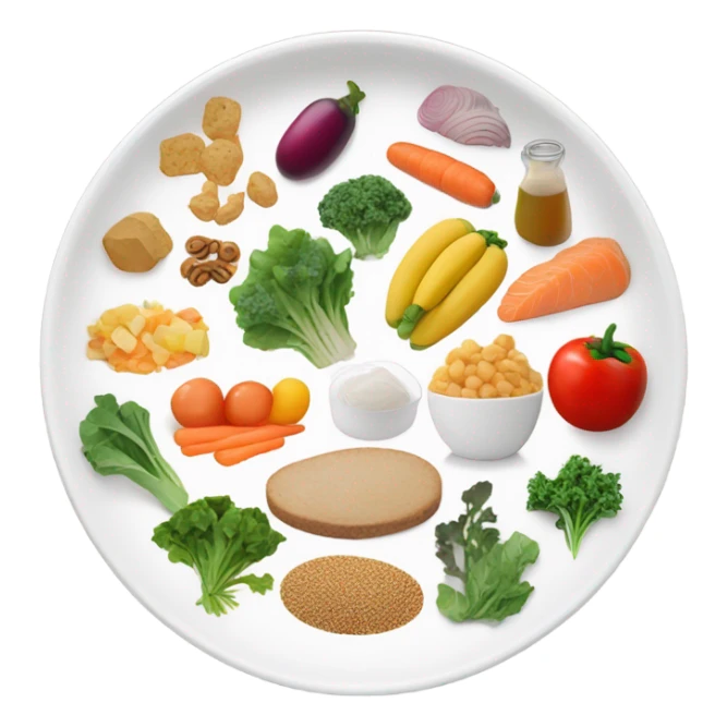 round white plate with healthy food sticker