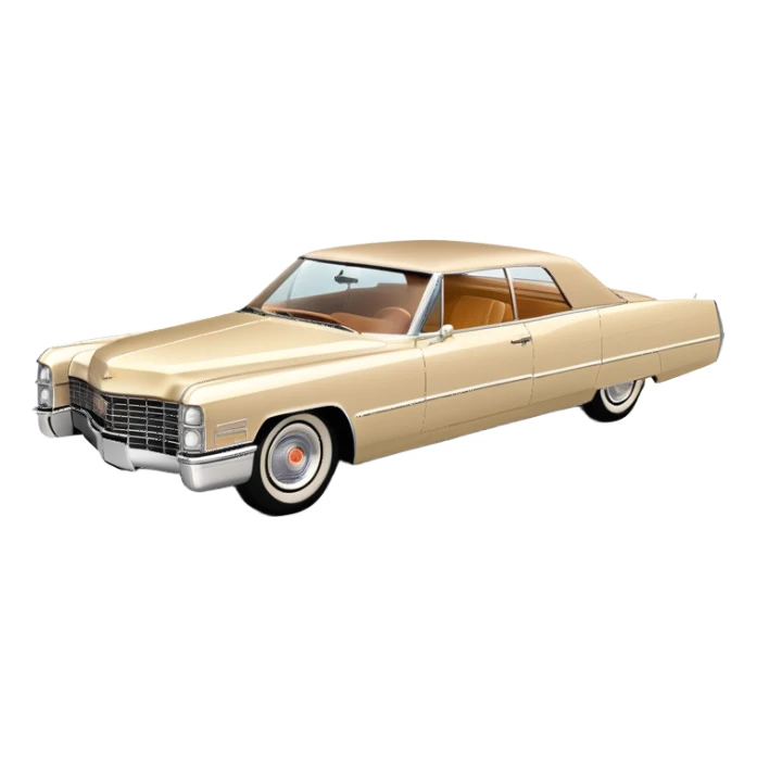 Streamlined beige 1966 Cadillac DeVille, minimal design language, 30-degree view showing simplified front and side, Once Upon a Hollywood reference, iOS emoji style sticker