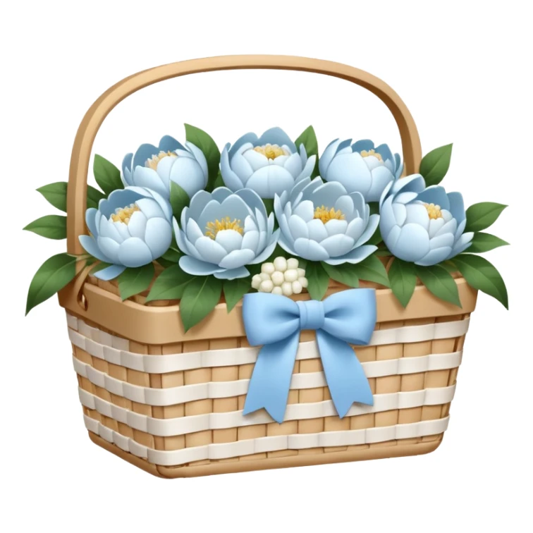 White Picnic basket with light blue bow and white peonies inside sticker