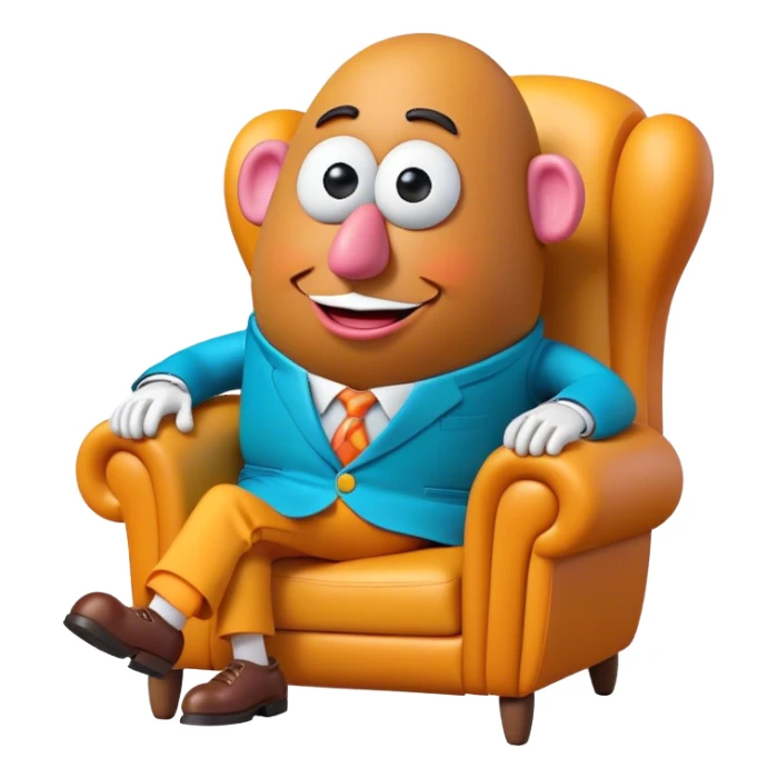 Create a 3D Pixar-style Mr. Potato Head character with a rounded, slightly uneven shape, expressive eyes, a wide smile, and cartoonish limbs, dressed in a colorful suit sitting in a chair sticker
