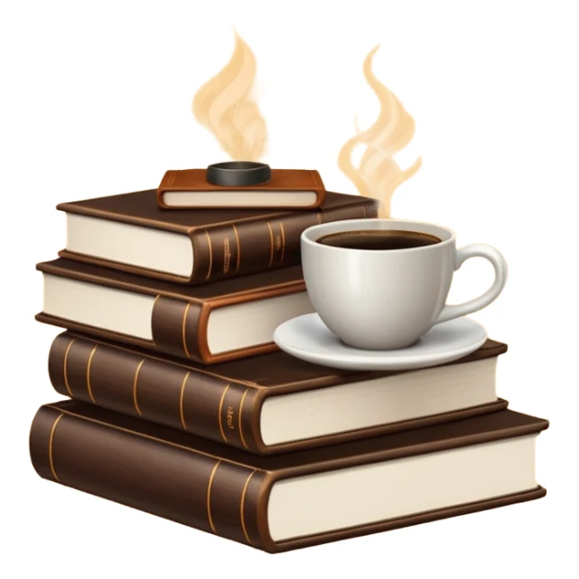 stack of books with coffee on top sticker