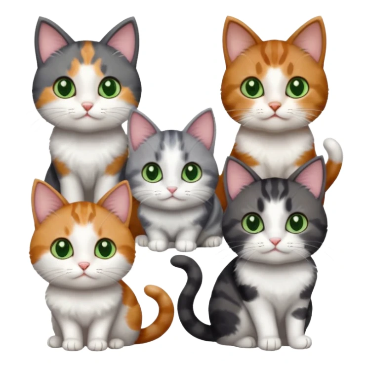 6 different coloured small cats including a dark grey and white, and a patchy calico, and a brown tabby and white,  and a completely solid dark grey with green eyes and only white paws sticker