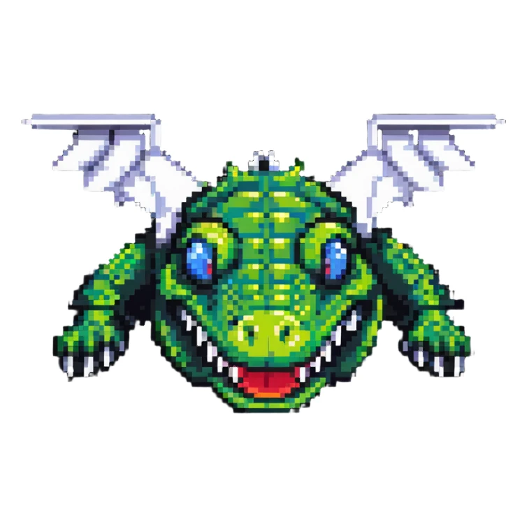 cartoon crocodile head with airplane wings, pixel art style sticker