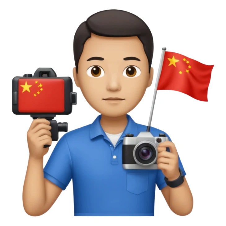 A Chinese man with a Chinese flag and a camera sticker