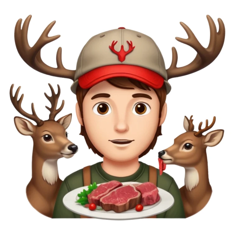Guy with deer antlers eats meat, brown hair, with cap sticker