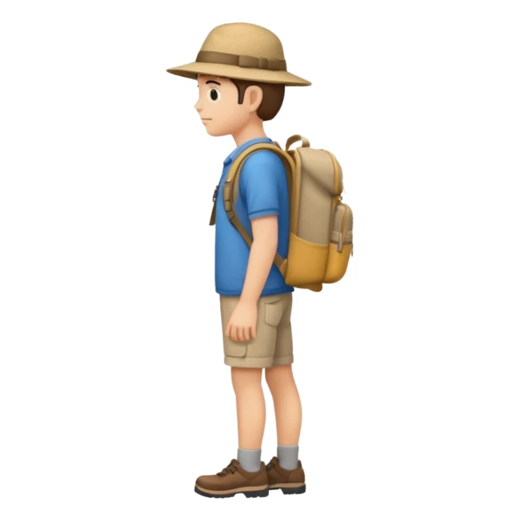 tourist full body from side view, wearing a hat and backpack sticker