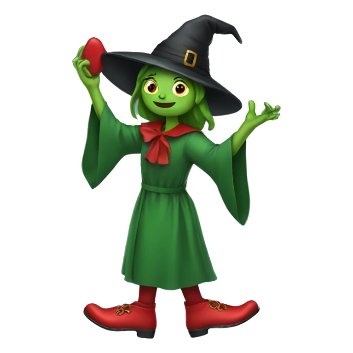 A green witch holding red slippers sticker