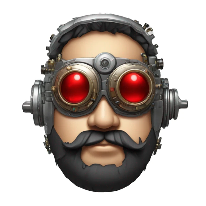 Fat cyborg head with red silver steampunk goggles, black beard and circuits sticker
