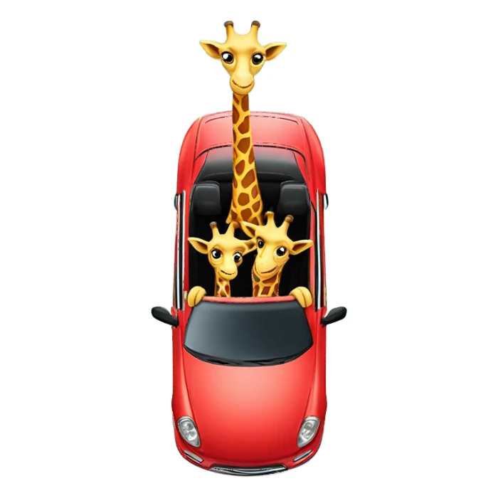 two cute giraffes driving in a red car sticker