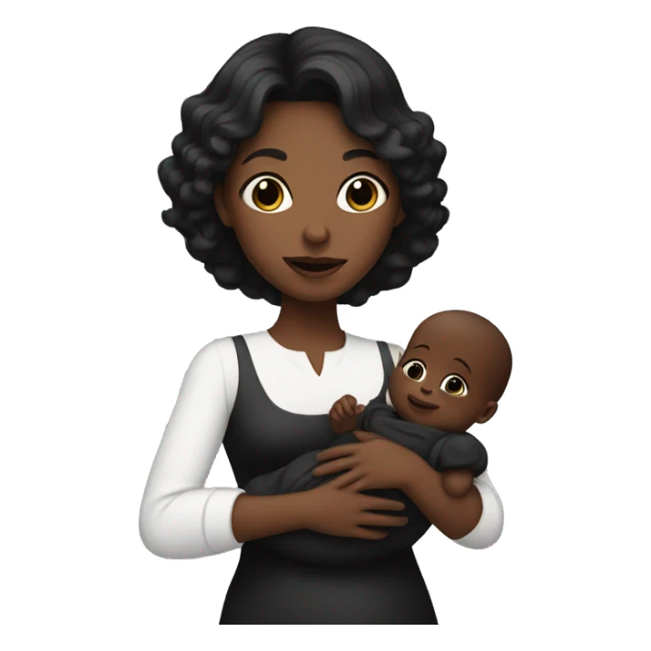 dark haired white race lady holding a black baby sticker