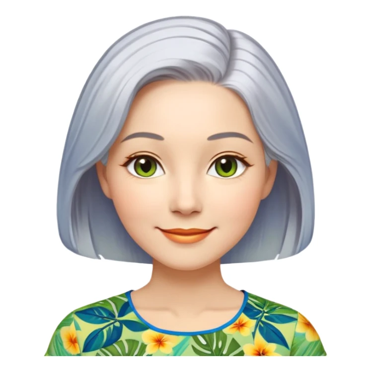 A woman with light complexion, oval face with soft rounded features, full cheeks, gentle almond-shaped eyes with subtle smile lines, longer back length silver-gray hair parted to the side, wearing a vibrant short-sleeved blouse with tropical print in blue, green, and yellow, exuding warmth and joy. sticker