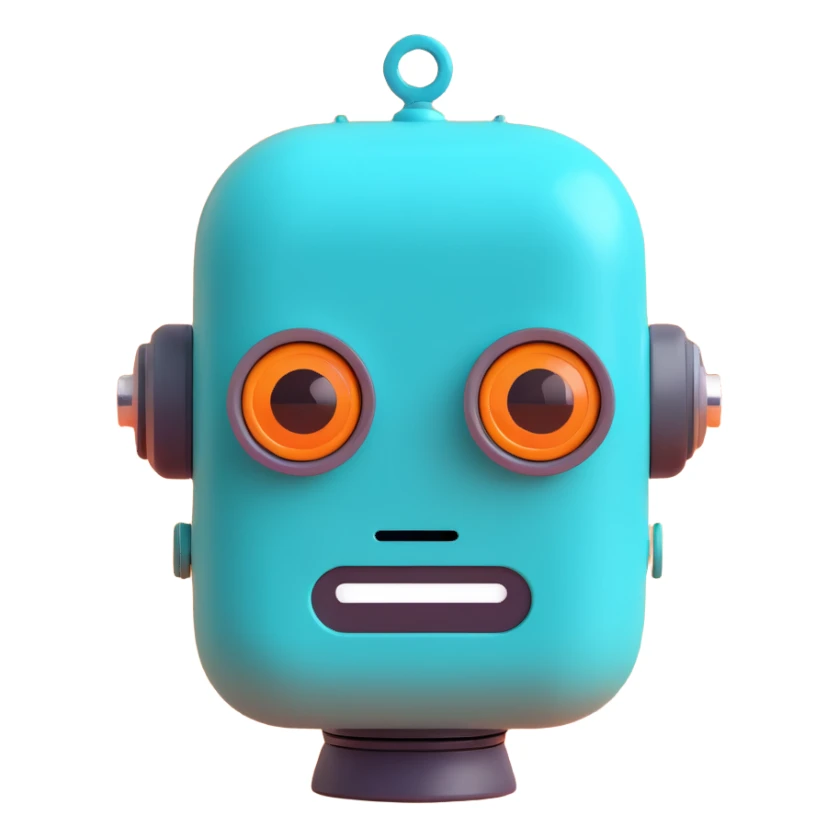 robot head, teal color, playful, friendly expression, 3D emoji style sticker