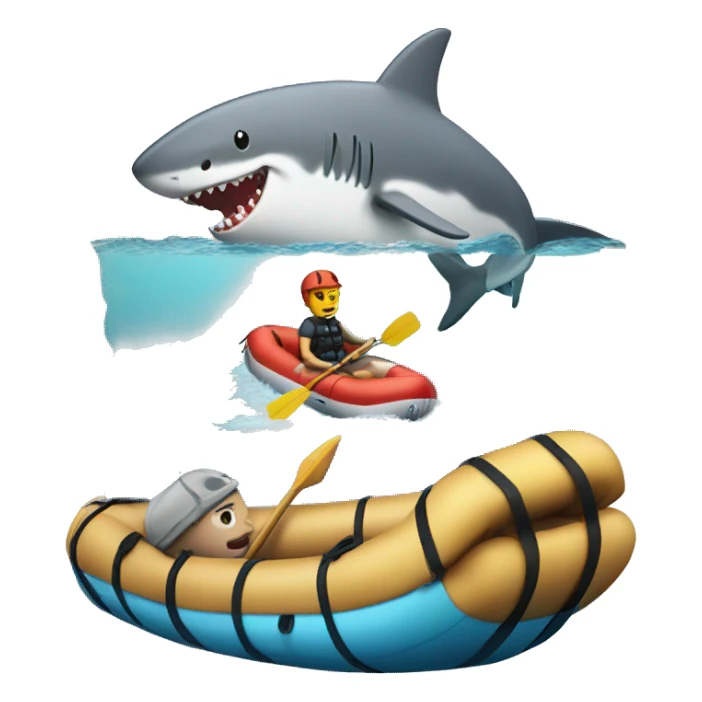 Raft in ocean with shark near it sticker