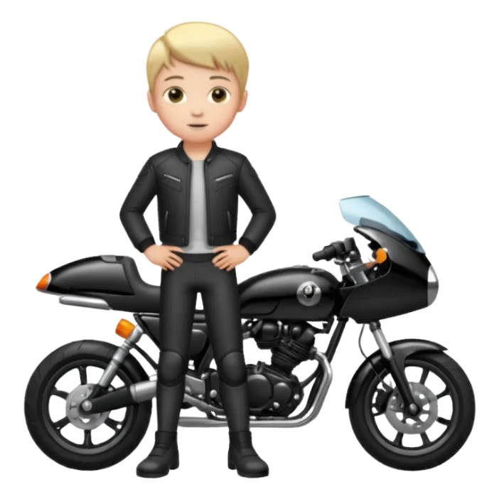 A boy stand with Motorbike sticker