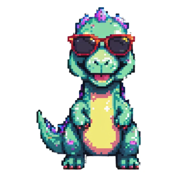 dinosaur with sunglasses in pixel art style sticker