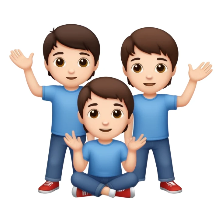 Three cute little brunette brothers playing  sticker