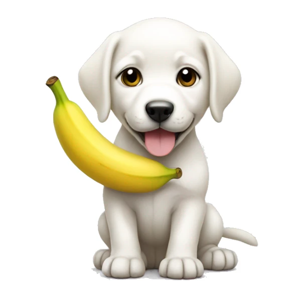 White puppy wearing a banana sticker