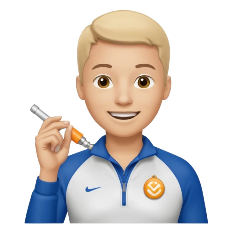 physical education teacher, smiling, holding a whistle sticker