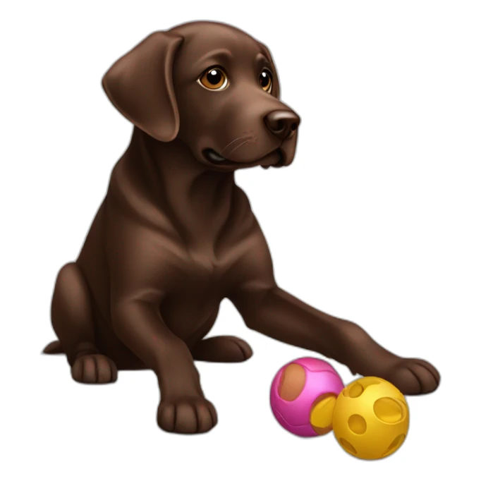 Chocolate labrador playing with toy sticker