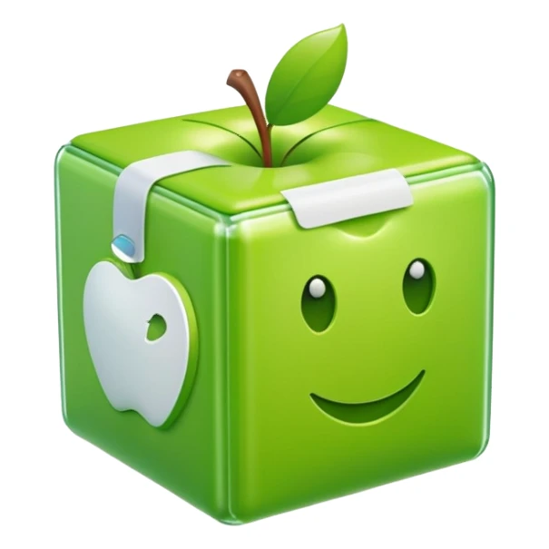 large cube-shaped box wrapped in bright green plastic with white labels, apple style emoji, inspired by reference photo sticker