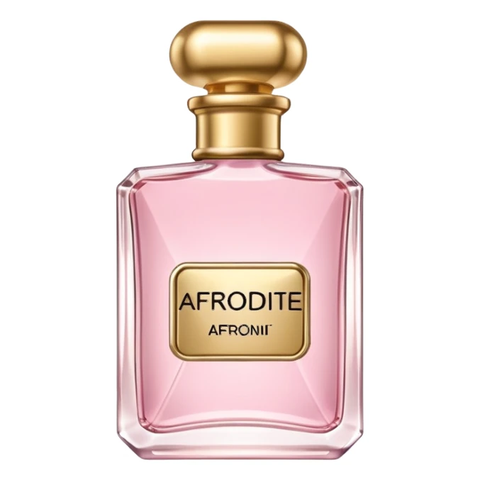 rectangle perfume with gold cap light pink liquid written AFRODITE sticker