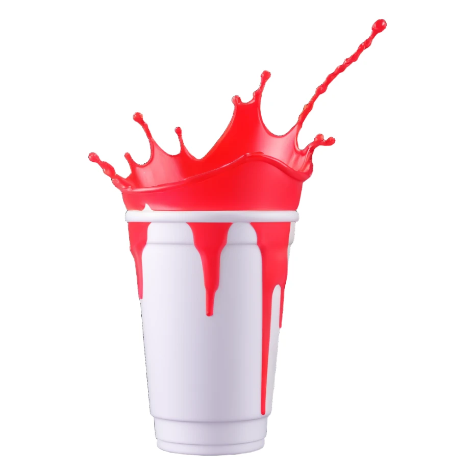 a tall white Styrofoam cup with red gel splashing out, 3D render style, dramatic lighting, vivid splash sticker