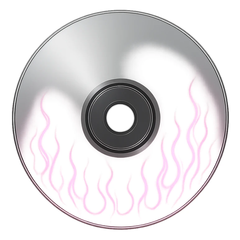 A minimalist CD disc with subtle pink flames, glowing effect, variation 2, style: general, shape: circle, color: silver sticker