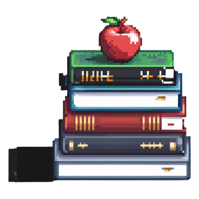 stack of school books with an apple sticker