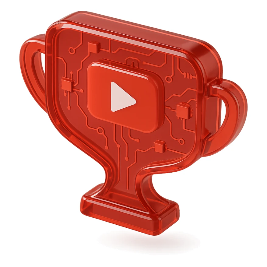 red speech bubble shaped like a trophy with a red YouTube play button, glossy circuit style sticker