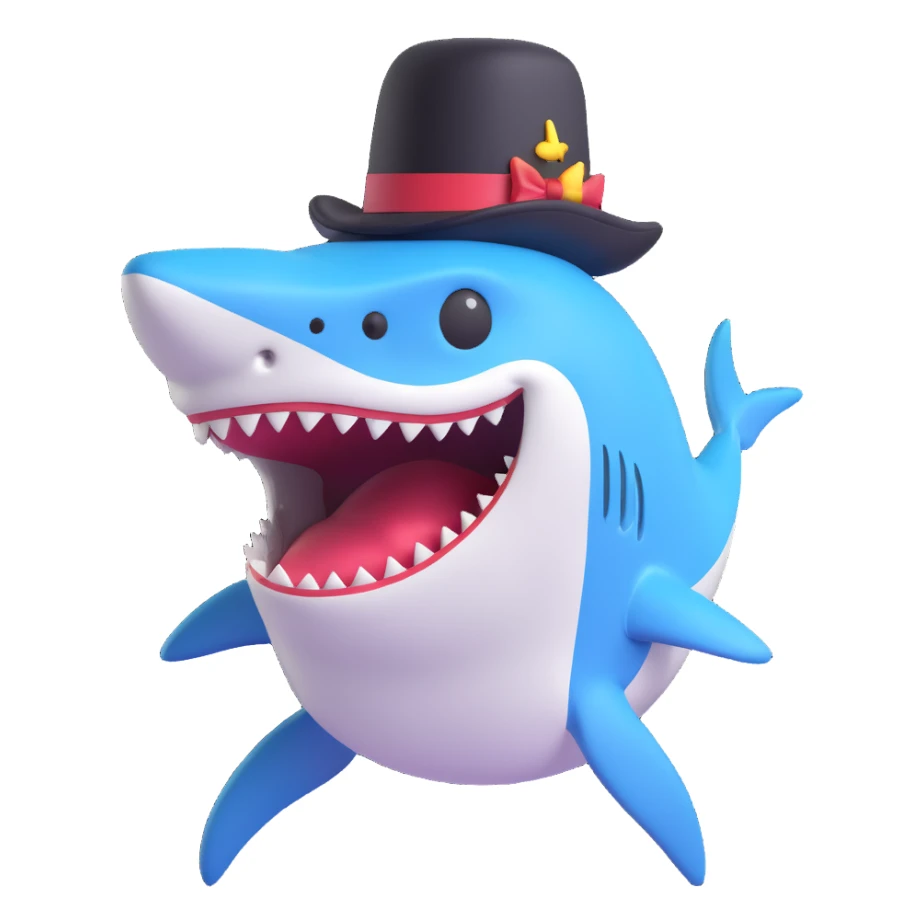 shark with a top hat, 3D emoji style sticker