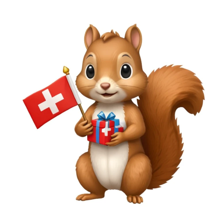 a squirrel holding a gift box and a Swiss flag, both objects clearly visible, simple white background sticker