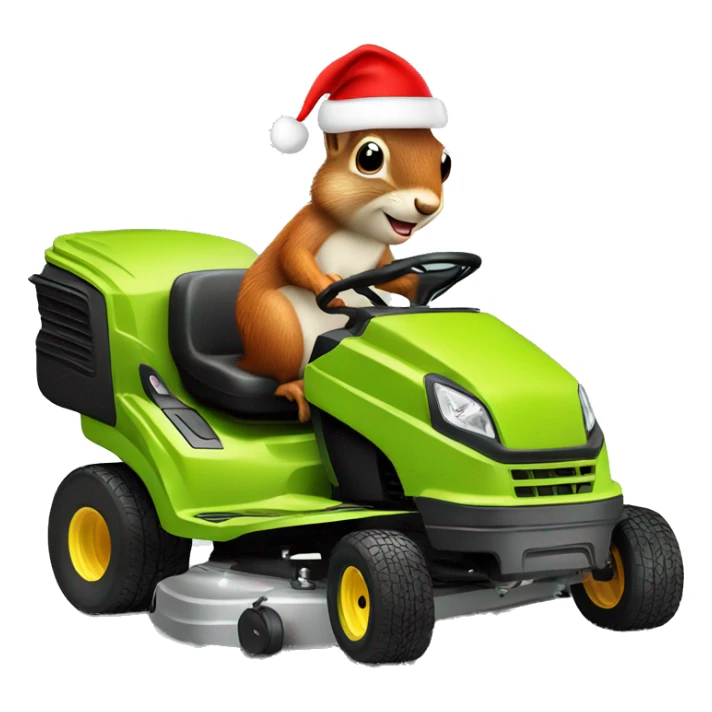 Squirrel on riding lawnmower wearing a Santa hat sticker